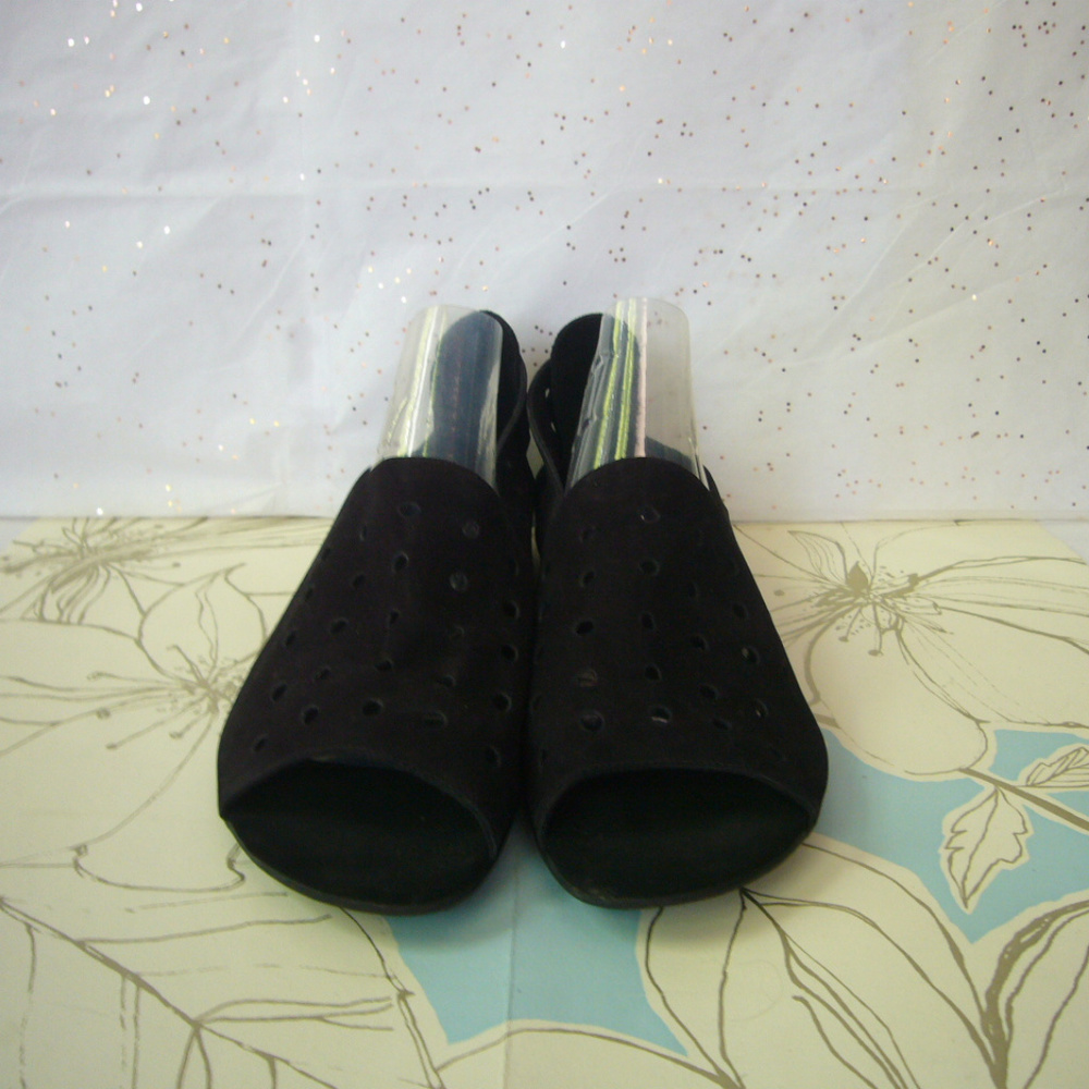 Vaneli Black Nubuck Laser cut polka dot Wedge Sandal - 10M Peep Toe Zip Back - Picture 3 of 8